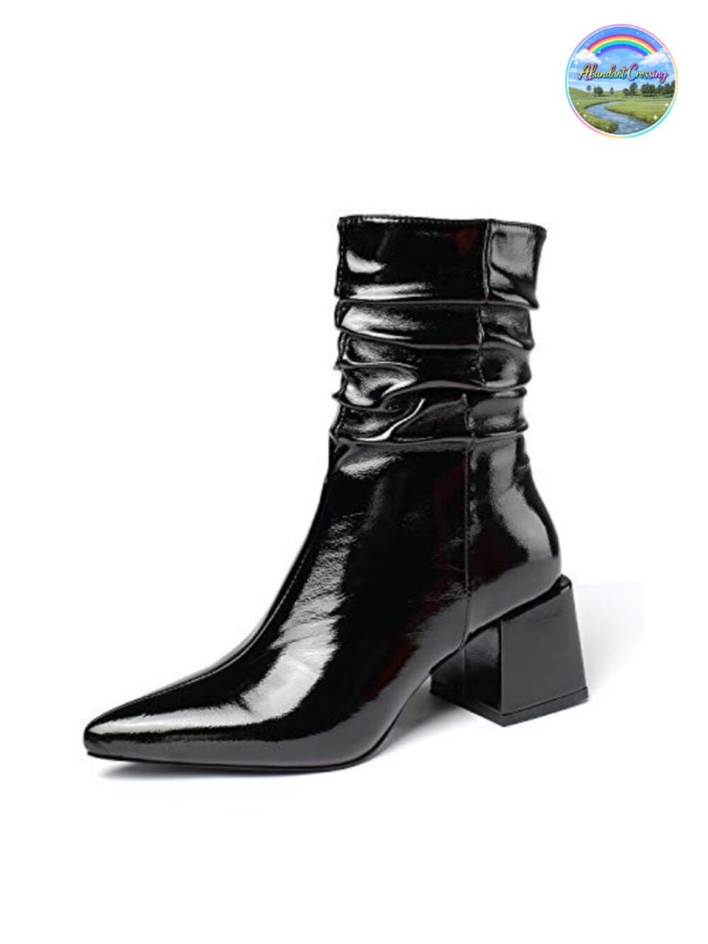 Faux Patent Leather Mid-Calf Block Heel Pointed Toe Booties